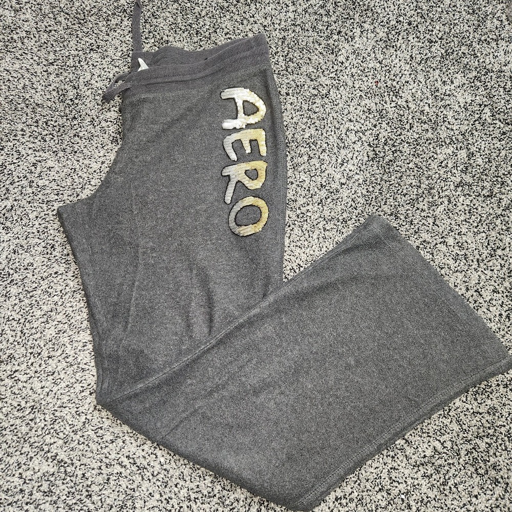 Vtg Y2k Aeropostale Flare Gray Sequin Bling Sweatpants Xl Preppy Chic Mallcore